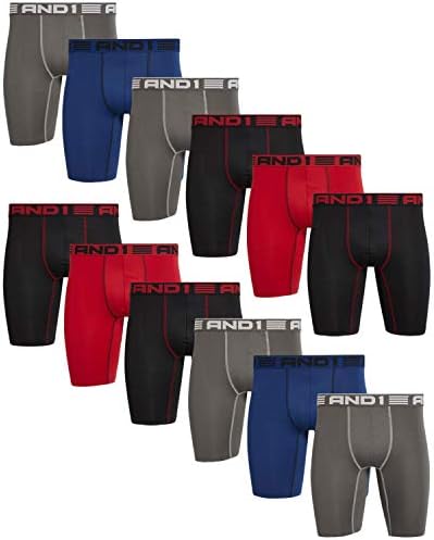 AND1 Mens Underwear, Long Leg Performance Compression Boxer Briefs, Shorts Underpants, 12 Pack, Black/Blue/Charcoal/Red, Medium