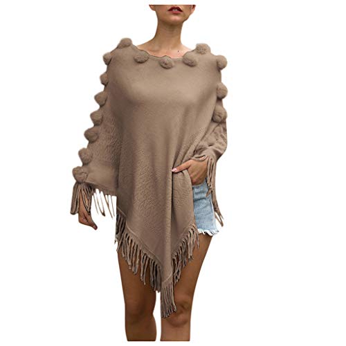 Women Poncho Sweater Crewneck Shawl Fringed Capes with Pompom Tassel Elegant Loose Pullover Tops Brown