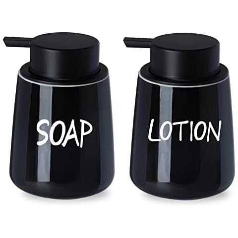 LEETOYI Farmhouse Ceramic Soap and Lotion Dispenser Set, Easy-to-Press Pump, 12oz (Black) Cover