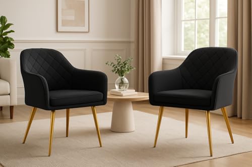 Image of Set of 2 Accent Chair for Living Room | Modern Armchair in Soft Velvet Fabric with Sturdy Legs | Premium Chair for Home Living Room Bedroom Restaurent | (Gold Legs, Dark Grey Burfi Design)