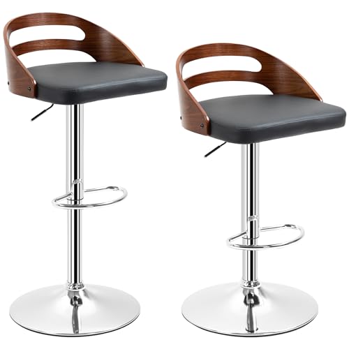 HOMCOM Lot de 2 tabourets de Bar Design Contemporain Hauteur d'assise réglable pivotant 360° revêtement synthétique Noir Dossier ajouré Aspect Bois