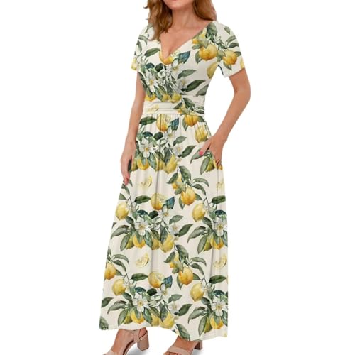 Image of Women's Fall Summer Short Sleeve Ankle Length V-Neck Party Dress with Pockets Size S-3XL