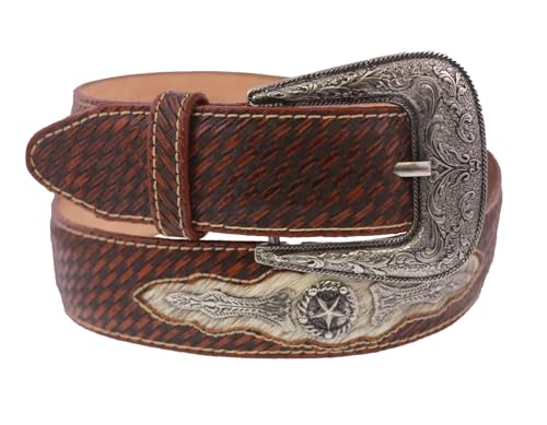 El Presidente Mens Cognac Ranger Cowboy Leather Belt Concho Silver Buckle