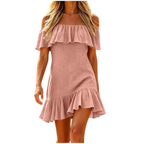 Image of Womens Off Shoulder Dresses Elegant Ruffle Dress Solid Color Casual Summer Mini Dresses Vacation Beach Sundress One Shoulder Holiday Party Dress Pink