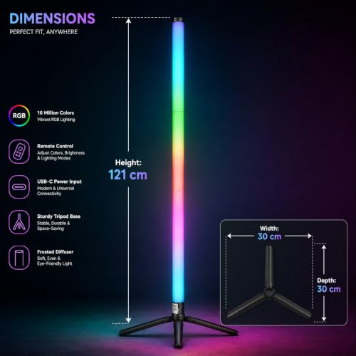 Image of One94Store Smart RGB Floor Lamp 121 CM | LED Corner Standing Lamp with App & Remote Control | Color Changing Dimmable Mood Light | Music Sync & Scene Modes for Bedroom, Living Room & Office