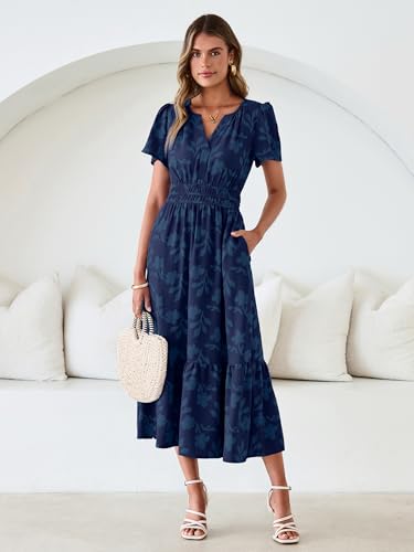 Image of Simplee Womens Summer Boho Maxi Dress Semi Formal Wedding Guest Short Sleeve V Neck Empire Waist Floral Long Dresses