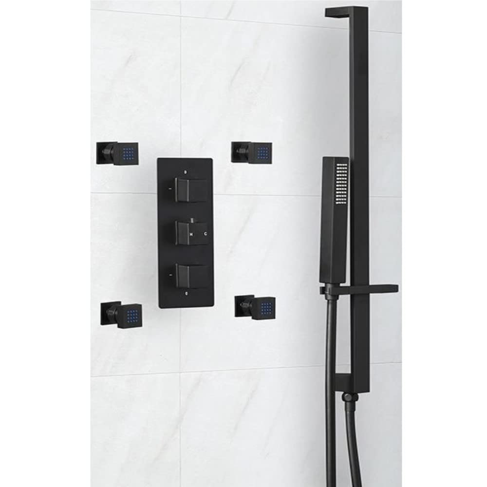 Milano Black Preto Thermostatic Mixer Valve Hand Shower Handset Riser Rail Body Jets