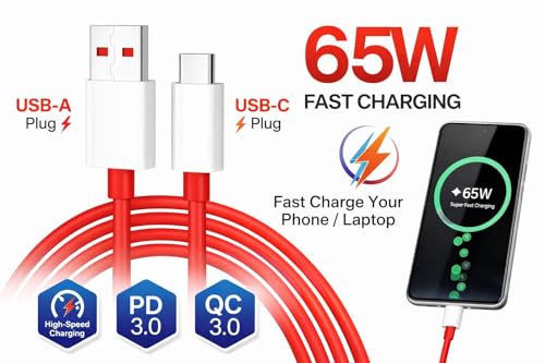 Image of 65W Fast Charging USB Type-C Cable, Original Data Sync Charger Wire Compatible with OnePlus 13 /13R /13s /12 /12R /11 /11R /10 /10R /10T /10 Pro /9 /9R /9RT /9 Pro /8 /8T /7T /7 Pro & Nord Series
