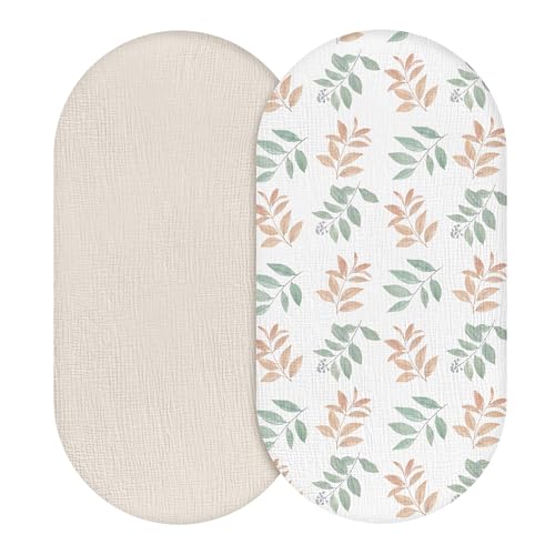 Image of Muslin Bassinet Fitted Sheets, 2 Pack for Baby Boy and Girl, Soft Breathable Stretchy Baby Pad/Mattress Sheet Set, Universal Fit for Hourglass Oval and Rectangle Bassinet Mattress (Bright Leaves)