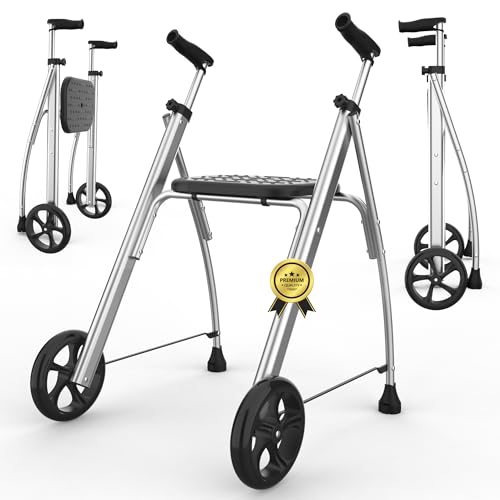 INDESmed - Andador Plegable con Asiento de Aluminio para ancianos, personas con movilidad reducida o rehabilitación. Ajuste preciso, Mango antitendinitis y antideslizante, 2 Ruedas (Negro)