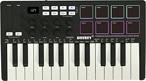 HOEREV MIDI Keyboard Controller With 8 Backlit Drum Pads, Wireless Semi Weighted Professional dynamic Keybed 8 Knobs 25 Keys USB With Lithium Battery,Black