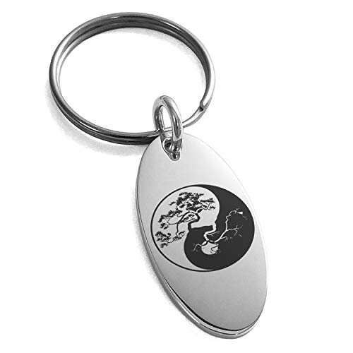 Stainless Steel Bonsai Tree Yin Yang Symbol Small Oval Charm Keychain Keyring