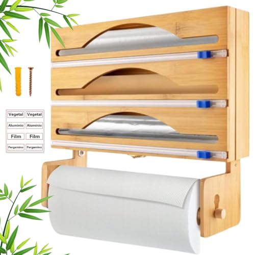 ZEMTRO dispensador Papel Aluminio y Film 4 en 1, Organizador Papel Aluminio y Film, dispensador Papel Cocina, portarrollos Cocina, Porta Papel Aluminio y Film. Incluye Pegatinas clasificadoras.