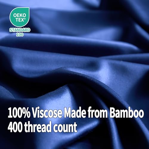 Image of EVERLY Queen Sheets Set,Luxuriously 400 Thread Count Organic Viscose Derived from Bamboo Bed Sheet,Cooling Sheets for Queen Size 4 Piece Deep Pockets Bedding Sheets &Pillowcases-Navy Blue