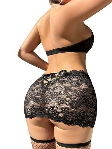 Sexy Cutout Halter Underwire Sheer Mini Skirt Stocking Lingerie Set 4 Piece Outfits2