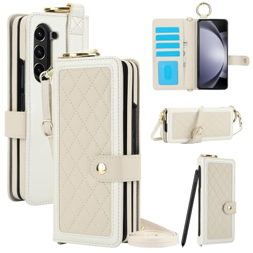 Angel Smile スマホケース ショルダー Galaxy Z Fold6 用ケース 手帳型 カード収納 ベルト付き スタンド機能 Sペン収納 携帯ケース ハンドストラップ付き 落下防止 (ベージュ, Galaxy Z Fold6)
