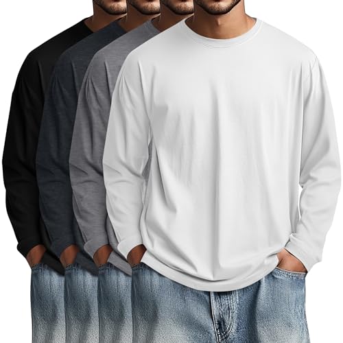 Image of August Alley 4 Pack Men's Big and Tall Cotton Shirts L-7XL, Long Sleeve Oversized Tops Loose Casual Large T-Shirts Basic Tee