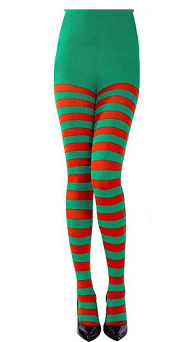 Labreeze Women's Red/Green Elf Santa’s Helper Miss Santa Stripy Tights Christmas Xmas Novelty Party Fancy Dress ()