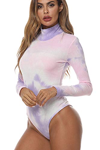 ESONLAR Womens Bodysuit Winter Knit Sweater Tops High Neck Long Sleeve Romper L Light Purple