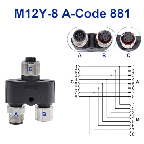 Conector M12 en forma de Y de 8 pines con código A y distribución de tres vías 2