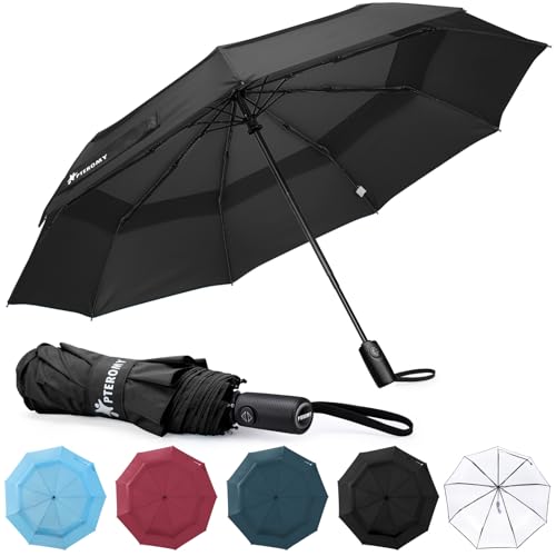 PTEROMY Windproof Compact Travel Umbrellas for Rain and Sun, Withstands 85MPH Winds Auto Open Close Folding Umbrella with Ergonomic Handle, Quick Dry Canopy for Commuting or Backpack(Black, 1PK)