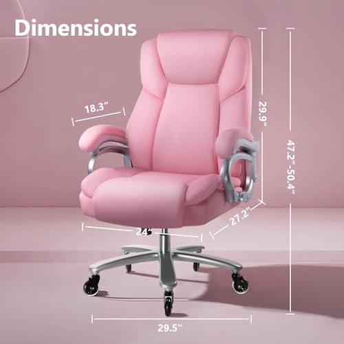 Image of Waleaf 500lbs Big and Tall Office Chair, Heavy Duty Chair for Heavy People, Adjustable Ergonomic Lumbar Support Executive Chair, Large High Back and Quiet Rubber Wheels, Pink