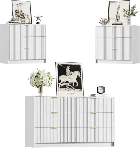 Image of 3 Piece Modern Bedroom Set, 6 Drawer Dresser with 2 Nightstands, White