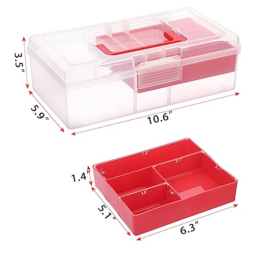 Image of BTSKY Clear Plastic Storage Box with Removable Tray Multipurpose Stationery Storage Box with Handle Handy Sewing Box Art Craft Supply Organizer Home Utility Box (Red)