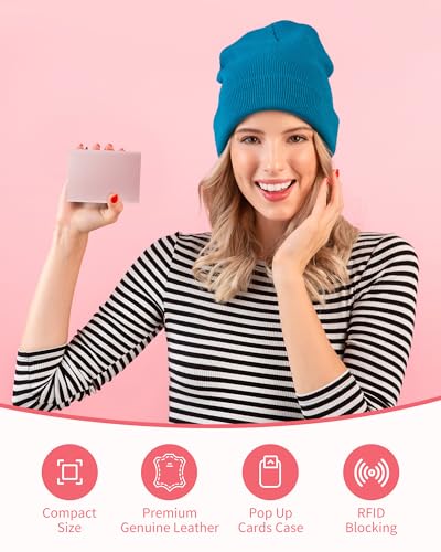 Womens Wallet Card Holder: Pop Up Card Case, Genuine Leather, RFID Blocking, Slim, Minimalist, Thin, Small Size - 13 Card Capacitiy, ID Window, Cash Pocket (Pink)2