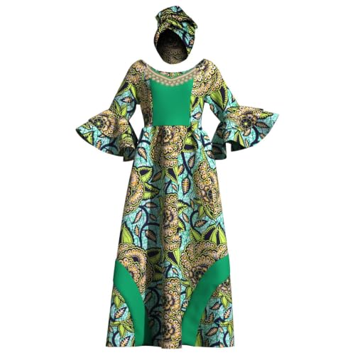 Image of iooiooi Womens African Print Party Maxi Dress Ankara Long Dress & Headwrap | Ankara Print Maxi Dress for Women,Flared Bell Sleeve Party Gown