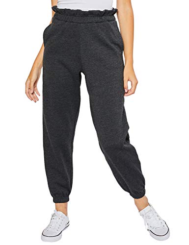 esstive Women\'s Ultra Soft Fleece Basic Midweight Casual Paper Bag Waist Band High Rise Joggers, Charcoal, Medium