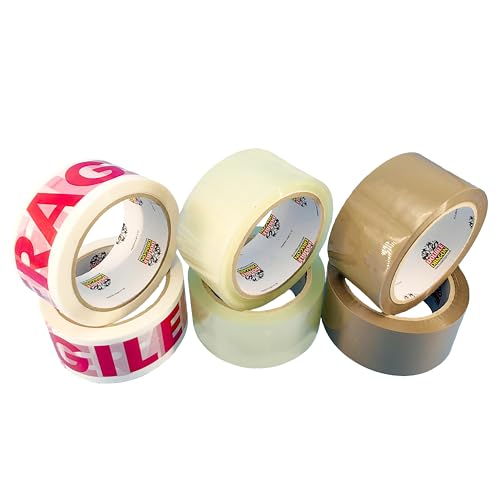 Double Dragon Mixed Packing Tape Multipack 66m long 48mm wide 6 Rolls | Brown Clear & Fragile Printed Tape Rolls | Secure Adhesive Sealing Cellotape for Parcels Moving Boxes & Long-Term Storage