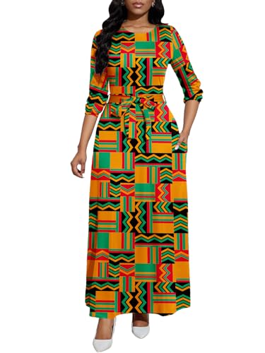 Image of BubFee Long Dress for Women Casual Long Sleeve Dresses Maxi Dress Empire Waist Loose with Belt