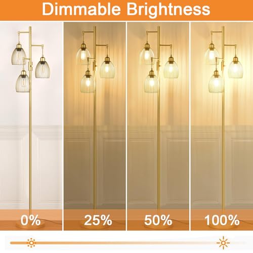 Dimmable Floor Lamp, Industrial Floor Lamps for Living Room, Gold Tree Lamp Standing Lamp Tall Lamps with 3 Elegant Teardrop Cage Head & 800 Lumens LED Bulbs for Living room Bedroom Office Dining Room