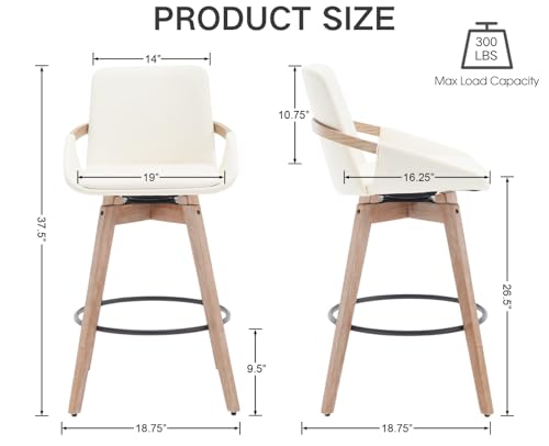 CIMOTA Leather Swivel Bar Stools Set of 2, Mid-Century Modern Counter Height Chairs with Faux PU Upholstery and Natural Wooden Legs for Kitchen Island, 26 Inch/Beige - Thumbnail 2