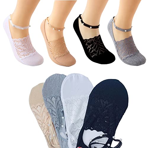 Ribiil 4 Stk Damen-perlen-spitzensocken, Perlen-fußkettchen-spitzensocken, Damen Atmungsaktiv Baumwolle Unsichtbare Socken, Hohle Rutschfeste Flache Socken (4 Pcs) thumbnail