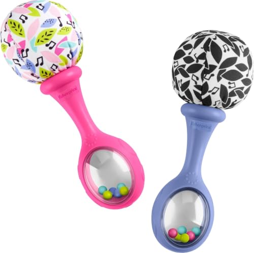 Image of Fisher-Price Rattle ‘n Rock Maracas Set Baby Toys, Ages 3+ Months | 2 Baby Rattles with Soft Pom Poms, Pink & Purple, Gross Motor Skills, Sensory Development, Newborns