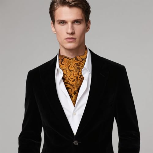 Image of Hi-Tie Silk Ascot for Men Self Tie Men's Cravat and Flower Lapel Pin Handkerchief Cufflinks Set for Wedding Party