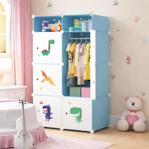 Image of Kids Plastic Modular Wardrobe Storage Cabinet | DIY Clothes Organizer Closet for Children | Multi-Compartment Foldable Storage Cupboard with Hanging Space | Pink Cartoon Design