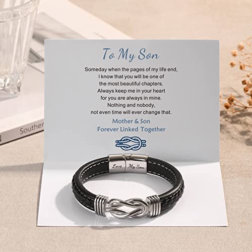 Coolvy To My Son Bracelet From Mom, Black Leather Bracelet For Men, Mother And Son Forever Linked Together Christmas Birthday Graduation Gifts, Inspirational Braided Leather Bangle Wristband Jewelry #TOP7