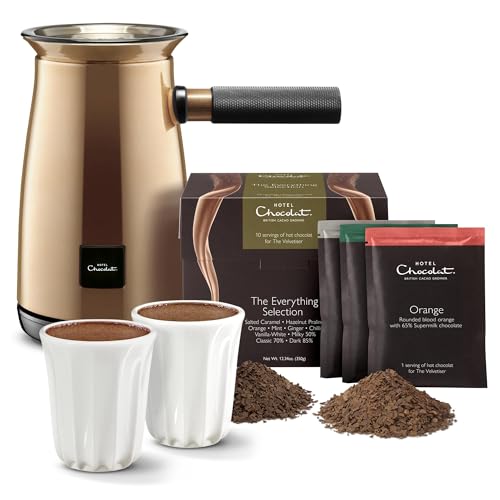 Hotel Chocolat Velvetiser - In-Home Hot Chocolate Machine - Barista-Grade Hot Chocolate Maker - Copper Edition - Complete Starter Kit - 2 Ceramic Podcups & 10 Single-Serve Sachets