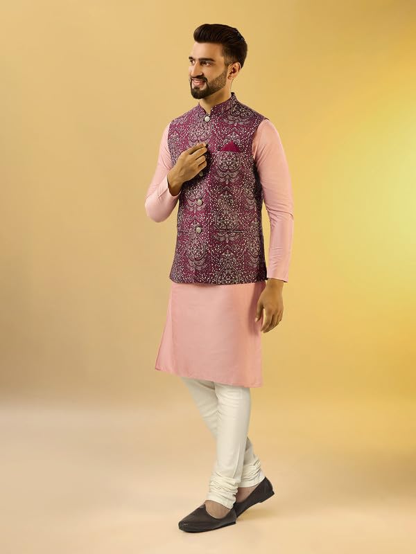 Image of KISAH Men Printed Kurta Jacket Set, Full Sleaves, Knee Length, Straight, Regular Fit, Mandarin Collar Ethnic Wear