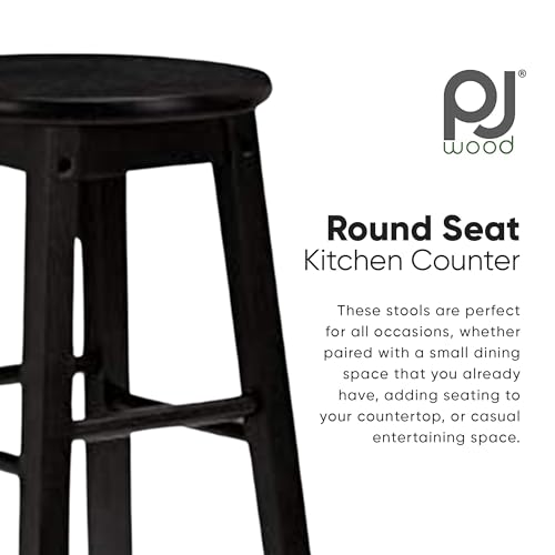 Image of PJ Wood Classic Round Seat 24 Inch Tall Kitchen Counter Stools for Homes, Dining Spaces, and Bars with Backless Seats, Square Legs, Black, Set of 2