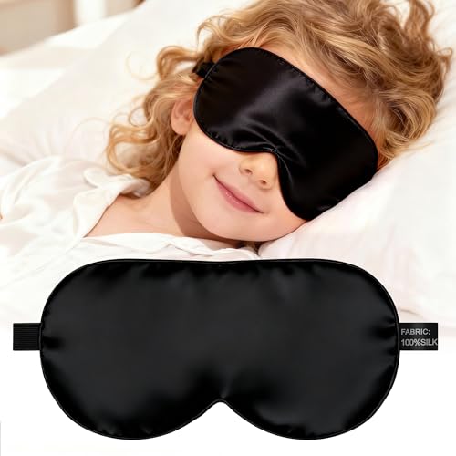 Silk Sleep Eye Mask for Kids 100% Real Natural Pure Silk Sleeping Masks Blindfold Sleep Eye Cover with Adjustable Strap Soft & Lightweight Night Eyeshade for Boys Girls Teens (Black)