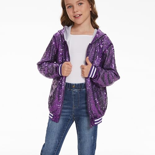 Girl Sequin Jacket Kid Sparkly Varsity Jackets Long Sleeve Lightweight Hooded Cardigan Metallic Shiny Coat2