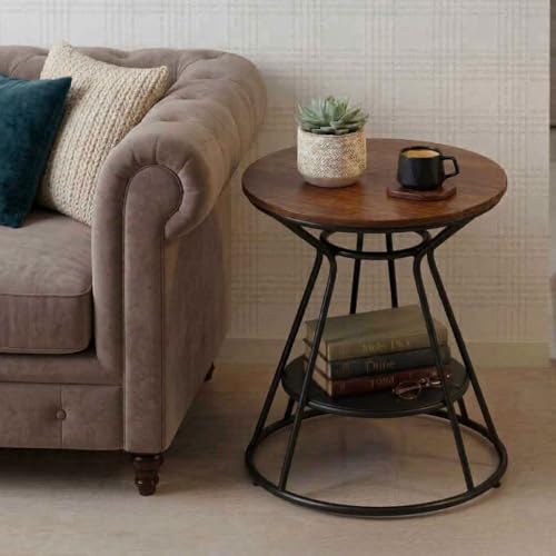 Image of Al Hama Modern Round Coffee End Table with Engineered Wood Top and Metal Frame for Small Spaces Sofa Side 2-Tier Storage Shelf for Laptop Work (Black Brown)