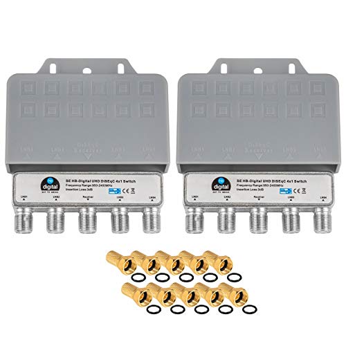 2 interruptores DiseqC 4/1 con carcasa de protección contra la intemperie HB DIGITAL 4X SAT LNB 1 x participante/receptor para Full HDTV 3D 4K UHD + 10 x conectores F chapados en oro