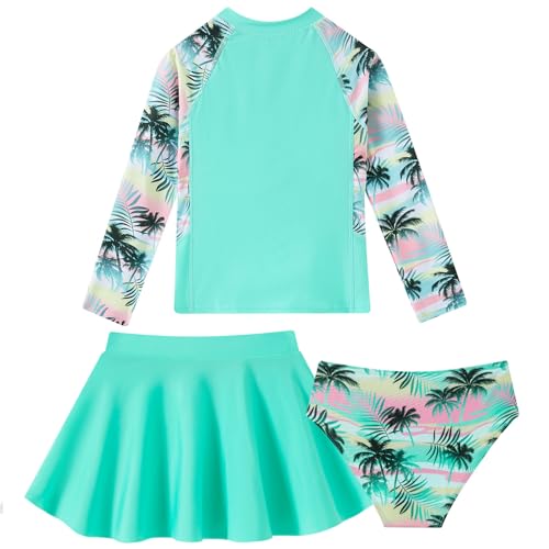 Vieille Swimsuit for Girls Size 6-7 Aqua Palm Tree Print Long Sleeve Kids Rash Guard 3pcs Girl's Hawaii Bathing Suit Skirts Set for Holiday Beach — view 2