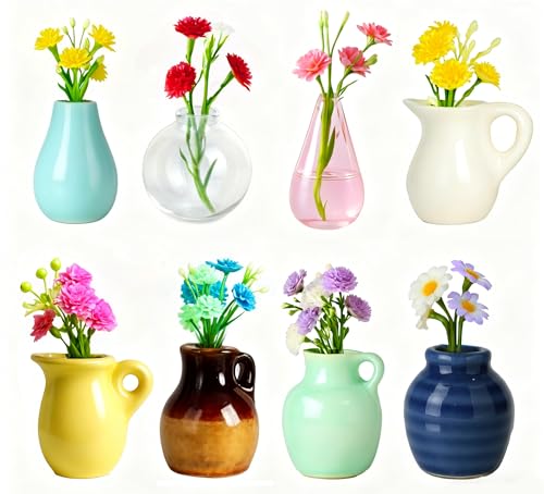 Renmxj Mini Ceramic Vase Magnets for Fridge, Cute Tiny Plant Vase Fridge Magnets for Kitchen Refrigerator Office Locker Decoration with Flowers (8 Pack)