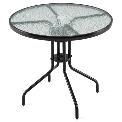 Image of Giantex 31.5 inch Outdoor Bistro Table, Patio Round Dining Table w /Tempered Glass Tabletop & 2 inch Umbrella Hole, Heavy-Duty Metal Frame for Garden Yard Poolside Porch (31.5 inchx31.5 inchx28.5 inch)